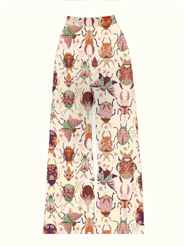  All Over Print Pocket Elastic Waist Wide Leg Pants, Casual Comfy Trousers for Daily Wear, Women's Bottoms for Summer